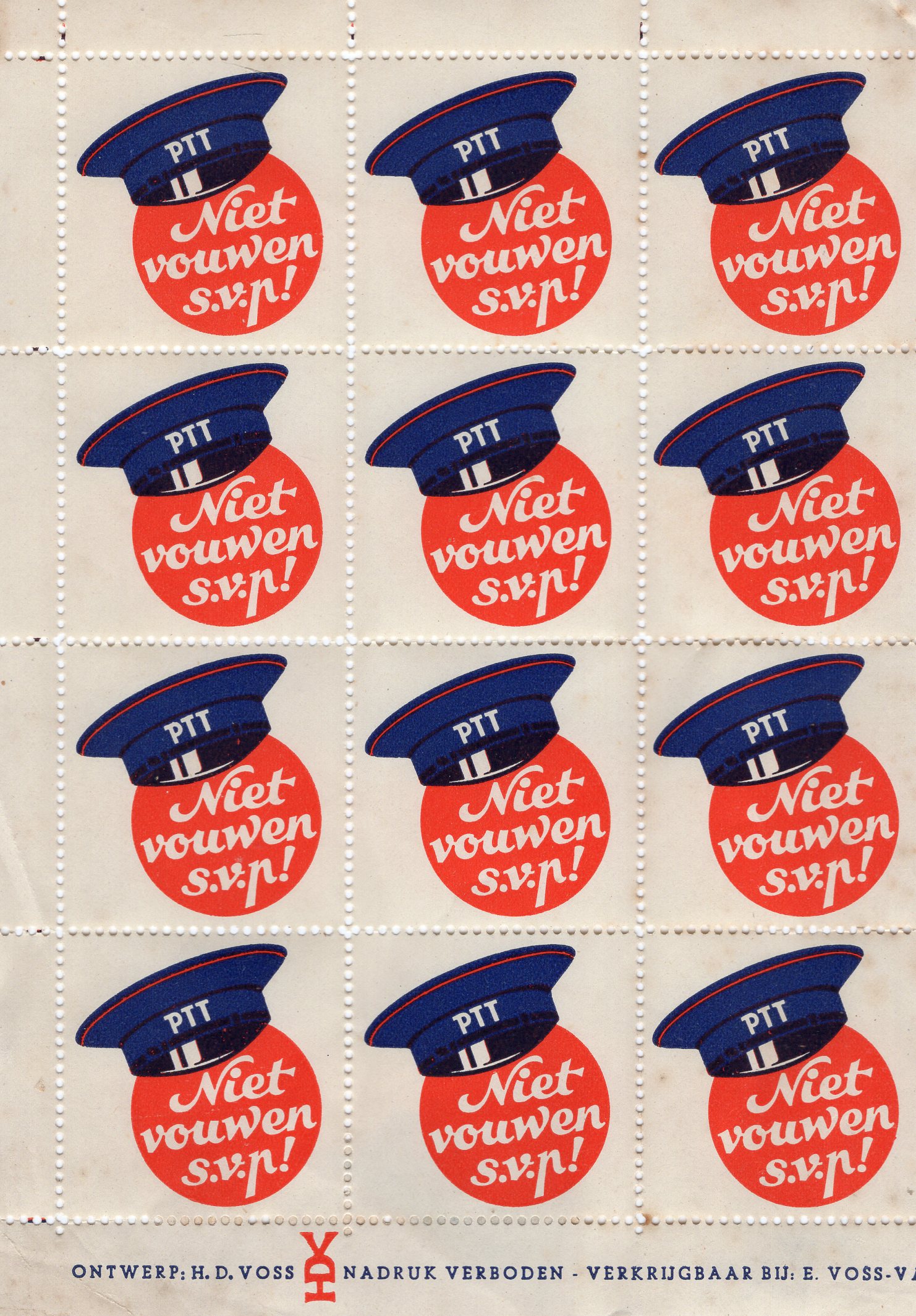  - Velletje met 12 sluitzegels PTT van grafisch ontwerper H. D. Voss (1907-1976)