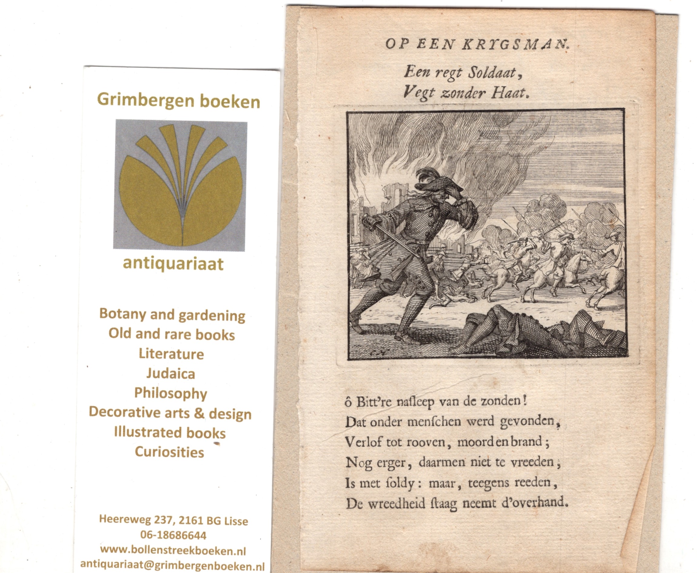  - Prentje 'Op een krijgsman' van graveur en tekenaar Cornelis Huyberts [rond 1750]. Met tekstje.